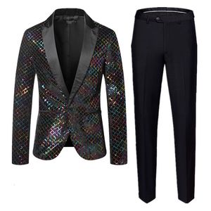 Abiti da uomo Blazer Blazer Pantalone Moda Uomo Abito con paillettes 2 pezzi Oro Argento 2023 Lussuoso Stage Party Plaid Abito ampio 230815