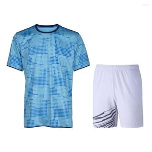 Esportes masculinos de badminton vestir azul claro check design yoga shorts de manga curta respirável de duas peças xs-6xl