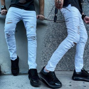 Мужские джинсы джинсовые штаны Белая личность Хай -стрит Хоул Мотоцикл Педикюр Эластичный Скраивание повседневное