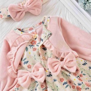 Girl's Dresses Newborn Girl Casual Romper Outfits Long Sleeve Floral Printed Patchwork Dress Style Playsuit Bow-Knot Decor Headband Set R230815