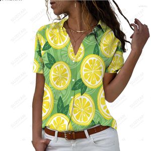 Women's Blouses 2023 Spring Autumn Short Sleeve Shirt Fruit Lemon 3D Printed Polo Neck Button Personalized Commuter Top