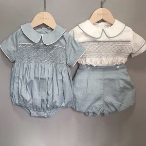 Conjuntos de roupas crianças boutique roupas menino e menina artesanal smocked bordado conjunto algodão manga curta roupas batismal terno