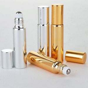 10 ml glänzende UV -Schichtglasrolle auf Parfümflasche, Gold Silber Schwarz ätherisch Ölfläschchen mit Edelstahl -Rollenkugel WHJPX