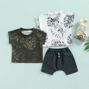 Conjuntos de roupas 0-4y verão causal infantil bebê meninos conjuntos de roupas 2 pçs folha impressa camisas de manga curta + shorts elásticos roupas