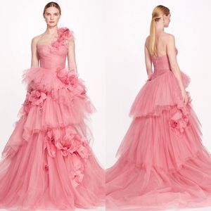 Pink Tulle Prom Dresses Hand Made Flowers One Shoulder Evening Party Dress Custom Made Special Occasion Gowns