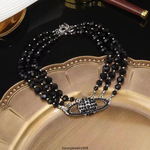 Fashion Designer Necklaces West Queen Full Diamond Triple Black Crystal Saturn Pendant Necklace Women Daemon Chocker Stacked Chain Collar Chain Jewelry Gifts