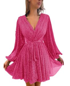 Glitter Sequined Homecoming Dresses Long Sleeve Deep V-Neck Princess Mini Cocktail Formal Occasion Birthday Prom Graudation Cocktail Party Gowns 92