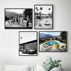 Canvas Pintura piscina Party Palm Springs Black White Photography Posters Vintage Art Prints Mid Century Wall Pictures Decoração de casa Wo6