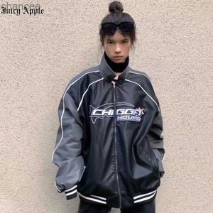 Juciy Apple Black Bomber Woman Varsity Jacket Fashion Long Sleeve American Vintage Racing Car PU Leather Jacket Embroidered Coat HKD230815