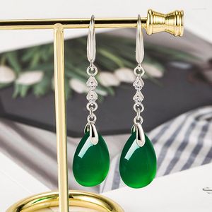 Brincos de bronzeamento de gotas de água Jade para mulheres joias de moda verde pedras gemas naturais chineses chineses chineses reais 925 Luxo de prata de prata