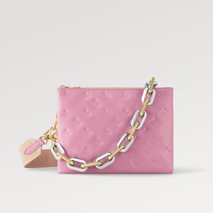 Explosion Women's New bags M22395 Coussin PM H27 candy pink colorway soft puffy lambskin embossed chunky gold chain silver engraving casual chic textile rose bonbon