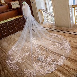 Two Layers Wedding Veil Luxurious Lace with Pink Flowers Long Appliques Blusher Cathedral Floral Bridal Veils with Comb