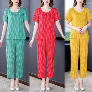 Damen-Trailsuits 2023 Punktanzug plus Größe mittlerer Mutters Sommer-Hauswaren-Print-Pyjama weibliche Set 2-teilige Loungewear Home A11