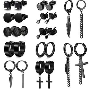 Stud Earrings 12 Pairs Black Set Men Hinged Hoop Stainless Steel CZ Cross Feather Dangle Long Chain Jewelry