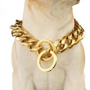 Hundkläder Tungt 19mm rostfritt stål chokekedja krage husdjur halsbandssliver 18k guld kubansk länk för pit bull mastiff bulldog 230814