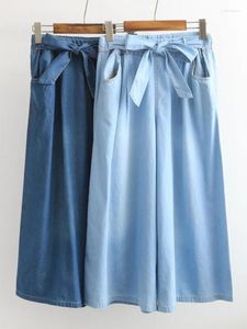 Kvinnors jeans koreanska modebyxor för kvinnor 2023 sommar baggy wide ben denim culottes ankellängd blå