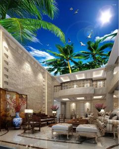 Wallpapers CJSIR Custom Ceiling Wallpaper Mural Coconut Tree Blue Sky White Clouds Seagull Po 3d Papel Pintado Decor