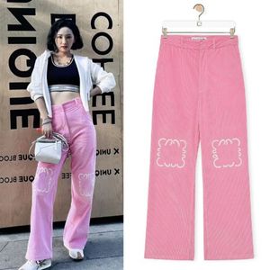 Women's Jeans Arrivals High Waist Patch Embroidered LOGO Decoration Casual Pink Straight Denim Pants