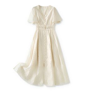 2023 Summer White Solid Color EmbroideryDress Short Sleeve V-Neck Panelled Midi Casual Dresses W3L043105