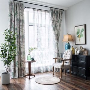 Cortina tropical para sala de estar, verde, azul, folhas, tule, quarto, transparente, tratamentos de janela