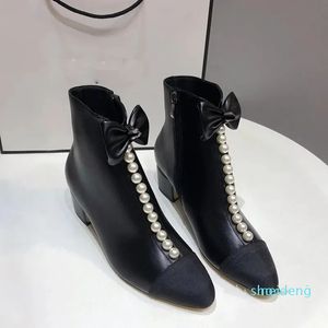 Women Boots Black And White Fashion Leather Pearl Chain TasselBoots Chunky Heel Short Boots Autumn Winter Classic Color Blocking Wamen Zip