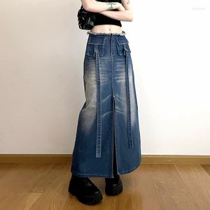 Kjolar casual skir 2023 American Front Split Double Ribbon denim kjol kvinnor flickas multi ficka hög midja smal temperament