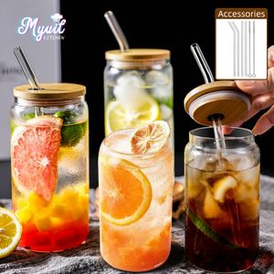 Wine Glasses Drinking with Bamboo Lids and Glass Straw 4pcs Set 16oz Can Shaped Cups Beer Iced Coffee Tumbler Cup 230814