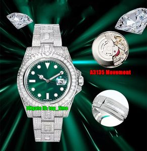 AMG Factory Uhren 116610 Full Diamant 40mm 904L A3135 Automatische Herren Watch Green Dial Gypsophila Pave Diamonds Armband Gents Armbanduhr