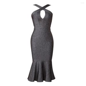 Casual Dresses 2023 Women Est Fashion High Quality Grey Cut Out Fluted Hem Bandage Party Dress Wholesale