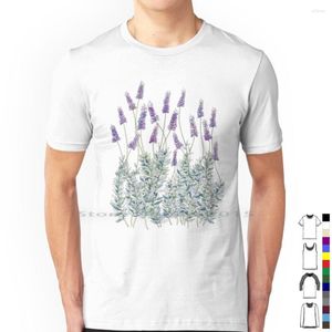 Camisetas masculinas camisa ilustração de lavanda Flores francesas de algodão French LilaC Preno roxo Lilac Nature Botanical Pen e tinta