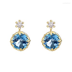 Brincos de garanhão jóias finas 9K Real Solid Gold Conjunto Blue Topázio Branco Branco de pedras preciosas Earring para mulheres Jóias de presente de luxo