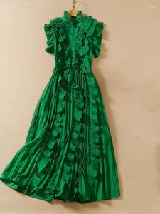 Casual Dresses Luxury Designer Ruffled Collar Midi Summer For Women 2023 Runway Fashion Pleated Vacation Vestidos Party Robe Green