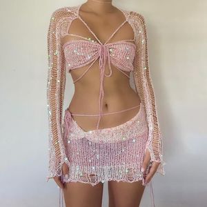 Two Piece Dress Knitted Skirt Sets Sequins Pieces Set Long Sleeve Crop Top and Suit Glitter Sexy Crochet Matching for Women 230815