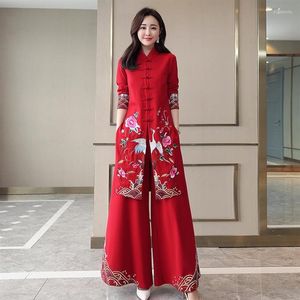 Ethnic Clothing Chinese Styles Vintage Women Hanfu Midi Qipao Two Pieces China Traditional Pants Set Tang Suit Robe Orientale Clot297g
