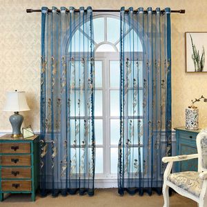 Cortina azul de luxo bordado tule cortinas para sala estar quarto janela ouro floral cortina sheers decoração casa