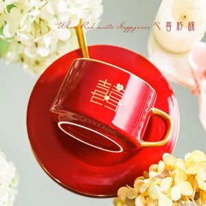 Mugs Couple Coffee Cup And Dish Set Pair Of Water Cups Festive Red Hand Gifts Friends Wedding Gift Box