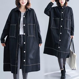 Kvinnors jackor Autumn Denim Trench Coat Long Jean Jacket 2023 Women Korean Fashion Outwear Pocket Loose Jeans Female Overcoat 5030