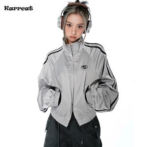 Womens Jackets Karrcat Cyber ​​Y2K Silver Jacket Vintage Reflective Techwear Grunge Eesthetics Double Zipper Coat Korean Style Sports Streetwear 230815