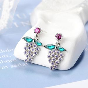 Stud Earrings Real 925 Sterling Silver Fruit Grapes Zircon Amethyst Gift For Daughter Girls Fine Jewelry DF2006