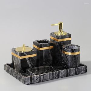 Badtillbehör Set Ancient Wood Grain Natural Marble Badrumssats Luxury Liquid Soap Dispenser Tandborste Holder Cup Dish Tray Golden Golden