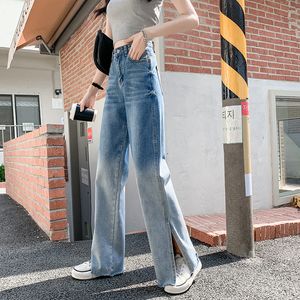 Jeans feminino Gradiente de perna reta Jean Ladies Moda Trendsfits High Split Bem Denim Trouser Light Blue Casual Pants XSXXL 230814