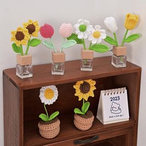 Decorative Flowers Tulip Crochet Flower Hand-woven Sunflower Hand Knitted Artificial Fake Plants Potted With Glass Vase Bouquet Decor