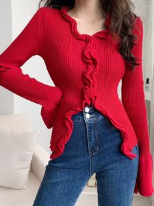 Women's Sweaters RUFFLES Lace Pleated Knitted Elegant Sweater Women Spring Flare Sleeve Sexy Slim Red Top V Neck K117