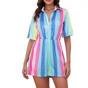 Women's Shorts Sexy Fashion Casual Loose Lapel Button Stripes Sequin Short Sleeved Teen Wedding Suit