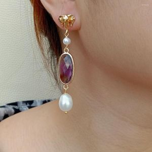 Dangle Earrings YYGEM Natural Faceted Oval Amethyst White Freshwater Pearl Gold Color Elephant Stud Office Style For Women