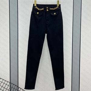 23SS Fw Women Designer Jeans Pants With Metal Letter Buttons Girls Cotton Vintage High End Milan Runway Brand Cowboy Casual Chain Outwear Denim Long Pencil Trouser