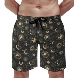 Herr shorts gym sol astrologi konst roliga badstammar svart och guldmånestjärna bekväma springa plus size strand