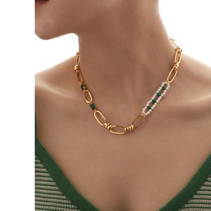 Pendant Necklaces Brass With 18K Gold Glass Pearl Natural Malachite AAA Zircon Beads Necklace Women Jewelry Runway Gown Hiphop Rare Glam Japan Ins 230816