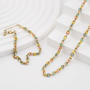 Colorful Enamel Stainless Steel Chain Necklace Bracelets Jewelry Set Women Real Gold Plated Gift