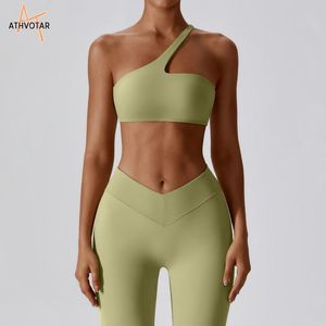 Women's Two Piece Pants ATHVOTAR 2 Pieces Sport Set Quick Dry Gym Sets Raised Butt Leggings OneShoulder Bra Running Workout Fitness Suits 230815